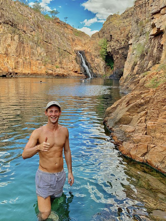 Tim Abbott at Maguk Waterfall. Picture: Supplied/@worthlesstwink