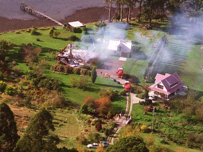 April 28, 1996: The burnt-out Seascape guesthouse where Martin Bryant held two people hostage during the siege.