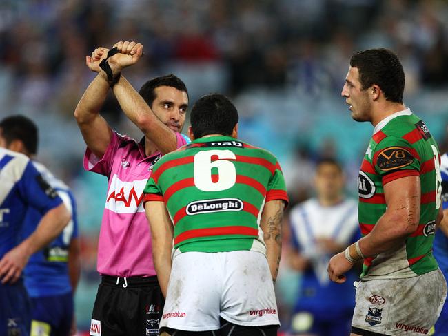 Sam Burgess is placed on report for his grapple tackle on Barba during Canterbury Bulldogs v South Sydney Rabbitohs NRL game at ANZ Stadium, Olympic Park, Homebush in Sydney.