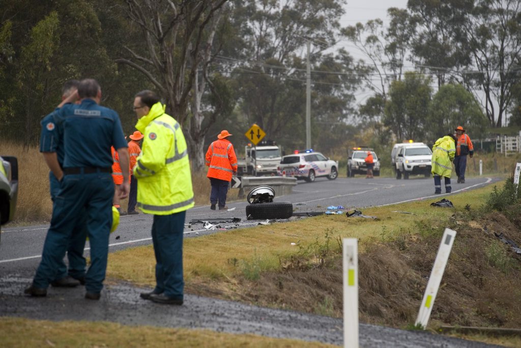 Emegency services personnel at the scene on Monday&#39;s tragic double fatal. Picture: Kevin Farmer