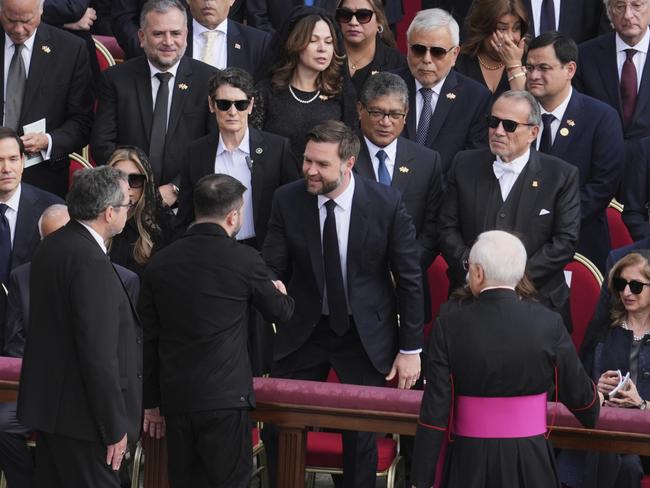 Vice President J.D. Vance (centre) shakes hands with Ukraine's President Volodymr Zelensky, as he arrives for the inauguration of Pope Leo XIV. Picture: AP Photo/Jacquelyn Martin, Pool