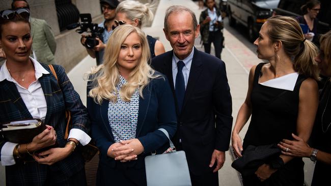 David Boies, representing several of Jeffrey Epstein's alleged victims, center, with Virginia Giuffre, left, outside court in New York. Picture: Bloomberg