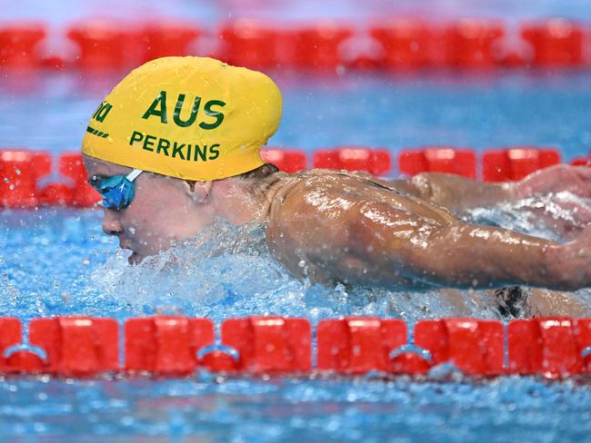 Australia's Alexandria Perkins competes in a heat of the women's 4X100m medley relay swimming event during the 2024 World Aquatics Championships at Aspire Dome in Doha on February 18, 2024. (Photo by SEBASTIEN BOZON / AFP)