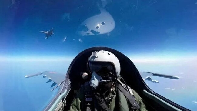 A Chinese pilot flies over the Taiwan Strait during the three-day Operation Joint Sword at the weekend. Picture: PLA Eastern Theatre Command via Reuters