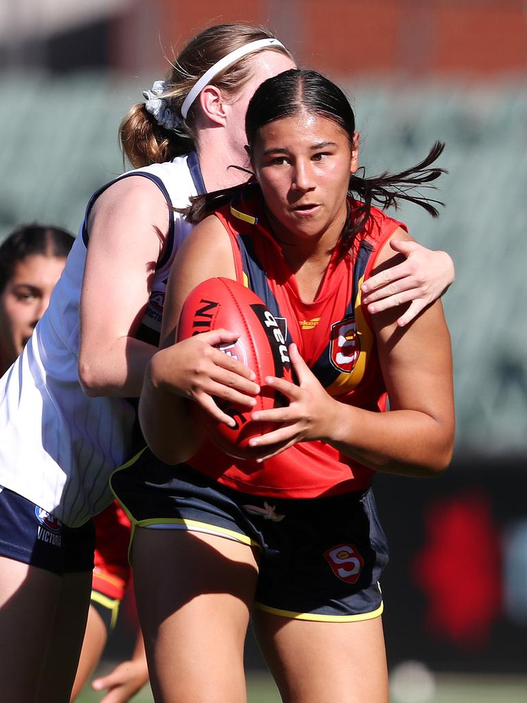 Hannah Ewings competes for the ball during the 2022 AFLW under-18 Girls Championships match between South Australia and Vic Country earlier this year. Picture: Sarah Reed/AFL Photos via Getty Images