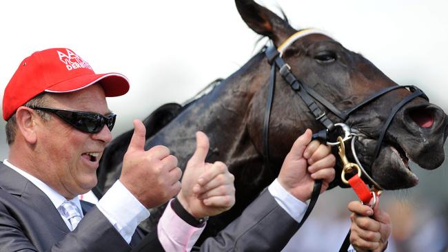 Moroney celebrates the Victoria Derby win of Monaco Consul.