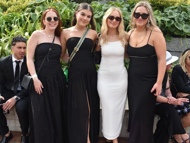 Guests in striking racewear at Penfolds Derby Day at the Flemington Racecourse on Saturday, November 02, 2024: Madison Cross, Tiana Jorgensen, Hannah Hodgkinson and Laura Taylor. Picture: Jack Colantuono