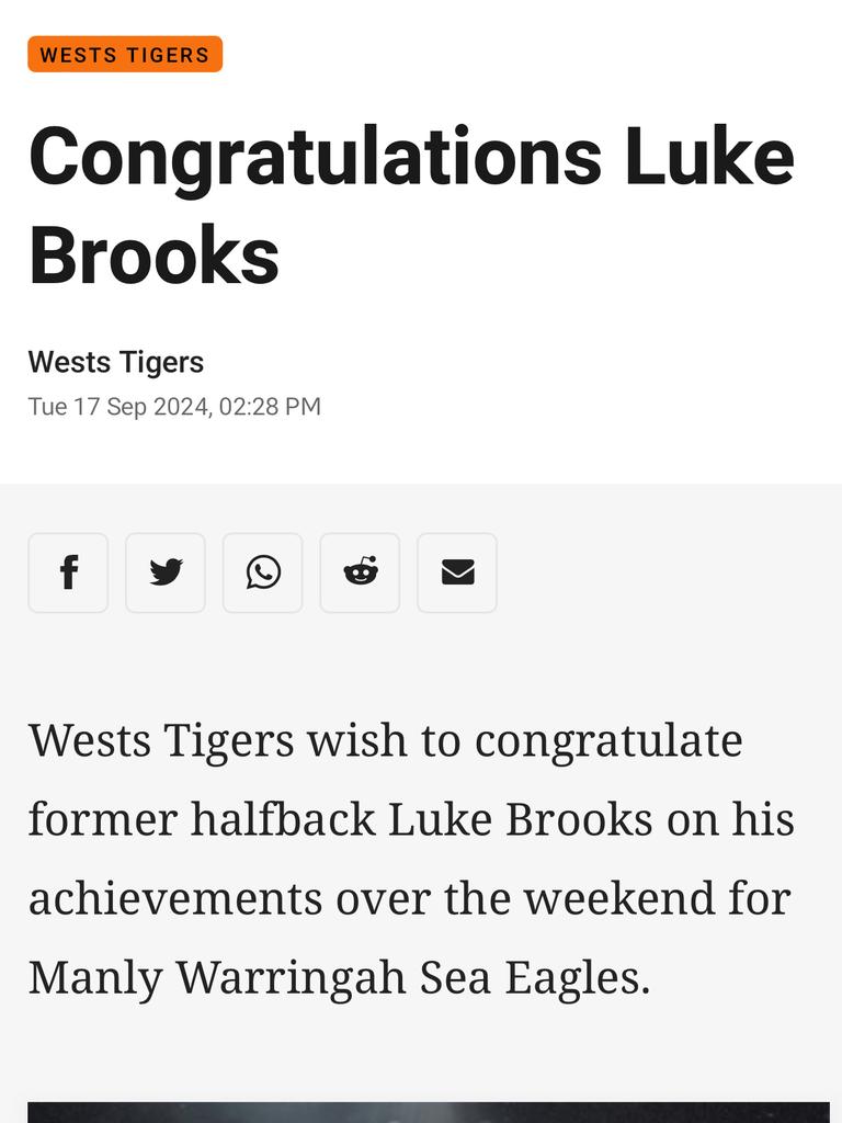 Wests Tigers congratulate Luke Brooks on finally playing finals football, for the Manly Sea Eagles.