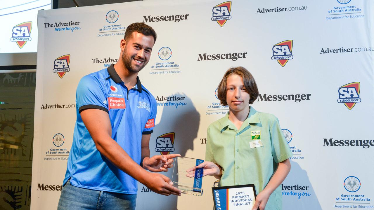 Cricketer Wes Agar with Winner William Brown from Magill School at The School Sports Awards at the SA Museum. Picture: Brenton Edwards