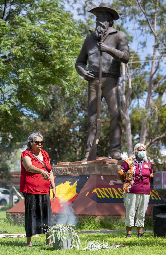 Aunty Pat Ansell-Dodds leads the smoking ceremony during the Alice Springs Invasion Day Rally on Thursday. Picture: Mark Brake