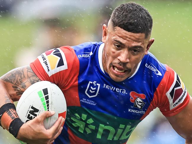 NEWCASTLE, AUSTRALIA - MAY 05: Dane Gagai of the Knights is tackled during the round nine NRL match between Newcastle Knights and New Zealand Warriors at McDonald Jones Stadium, on May 05, 2024, in Newcastle, Australia. (Photo by Mark Evans/Getty Images)