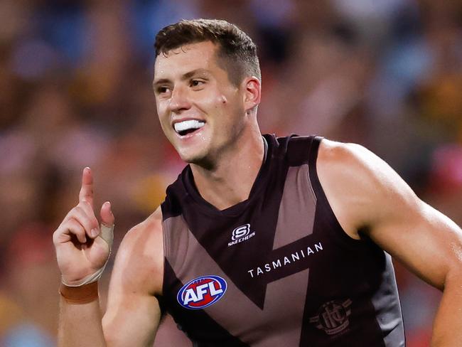 SYDNEY, AUSTRALIA - MARCH 07: Lloyd Meek of the Hawks celebrates a goal during the 2025 AFL Opening Round match between the Sydney Swans and the Hawthorn Hawks at the Sydney Cricket Ground on March 7, 2025 in Sydney, Australia. (Photo by Dylan Burns/AFL Photos via Getty Images)