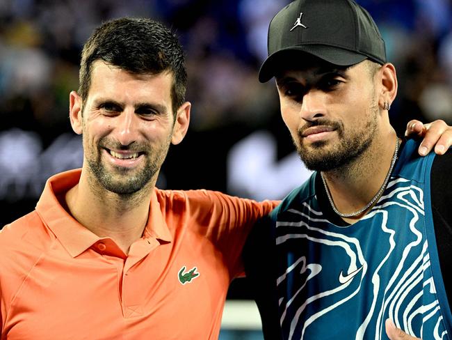 Novak Djokovic (L) and Nick Kyrgios will play doubles in Brisbane. Picture: WILLIAM WEST / AFP