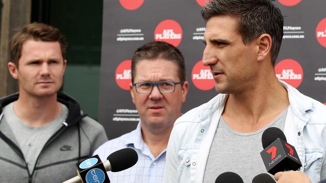 AFLPA board member Patrick Dangerfield, president Matthew Pavlich and chief executive Paul Marsh. Picture: Alison Wynd