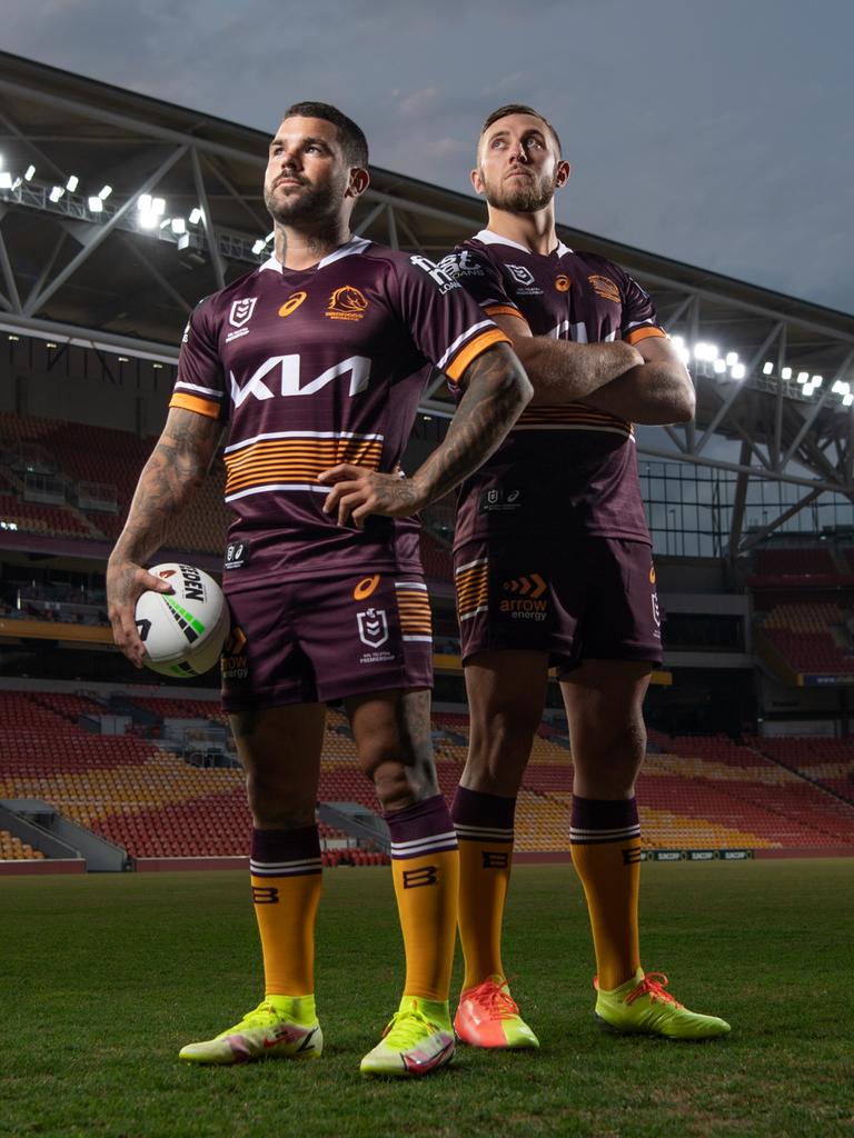 The star recruits model Brisbane’s new kit. Picture: Brad Fleet