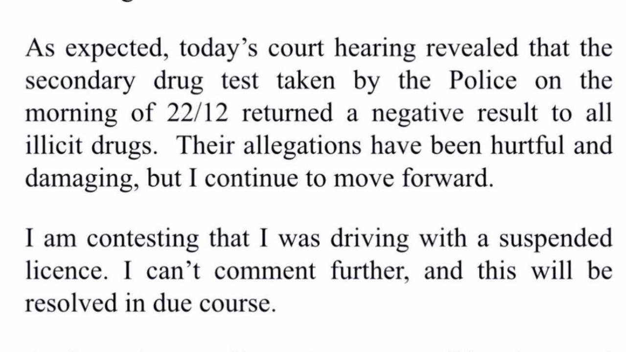 The statement released by Sam Burgess after it was revealed he had been cleared of failing a roadside drug test. Picture: Instagram.