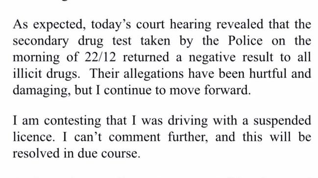 The statement released by Sam Burgess after it was revealed he had been cleared of failing a roadside drug test. Picture: Instagram.