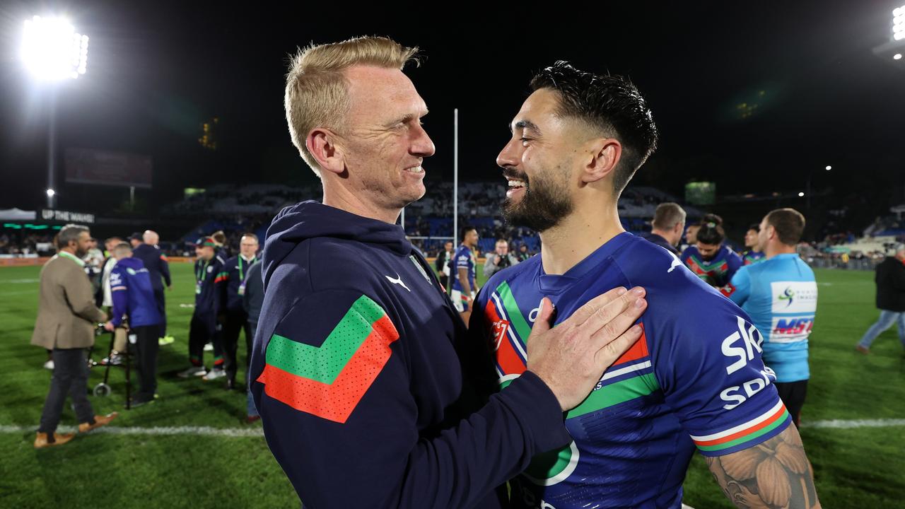 AUCKLAND, NEW ZEALAND - SEPTEMBER 16: Warriors coach Andrew Webster (L) congratulates Shaun Johnson (R) during the NRL Semi Final match between the New Zealand Warriors and Newcastle Knights at Go Media Stadium Mt Smart on September 16, 2023 in Auckland, New Zealand. (Photo by Fiona Goodall/Getty Images)
