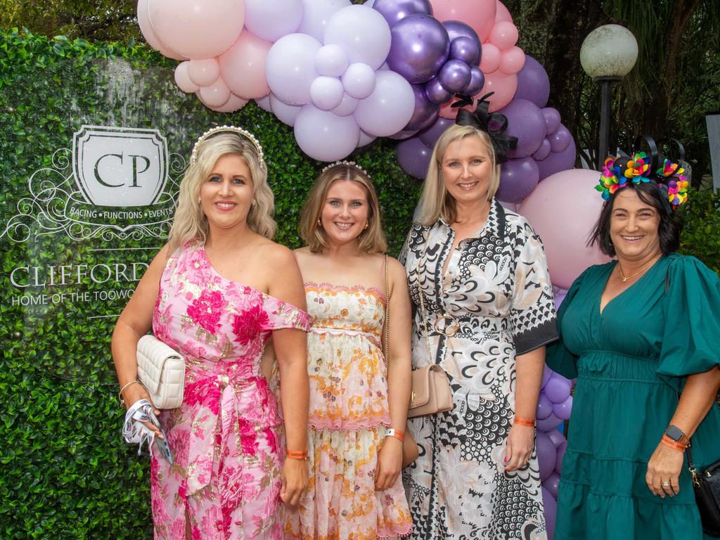 (From left) Kim Wann, Erin Brophy, Lisa Skuse and Tanya Morley. Weetwood Raceday at Toowoomba Turf Club. Saturday, September 28, 2024. Picture: Nev Madsen.