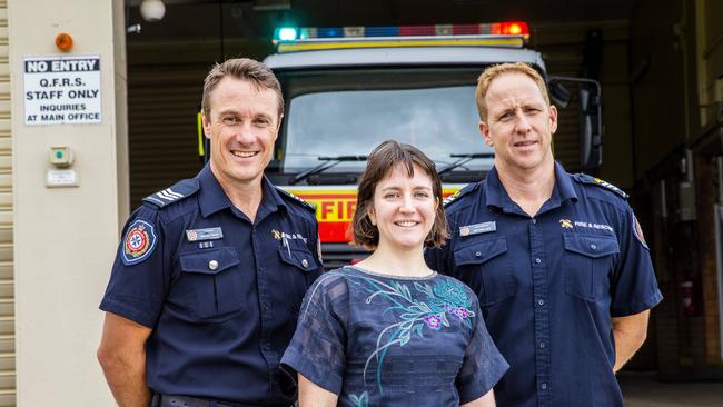 (left to right) Michael Tracey, Alex Bishop and Matthew Judd At Windsor fire station. The firefighters helped rescue Alex's cat Sprite. Picture: AAP/Richard Walker)