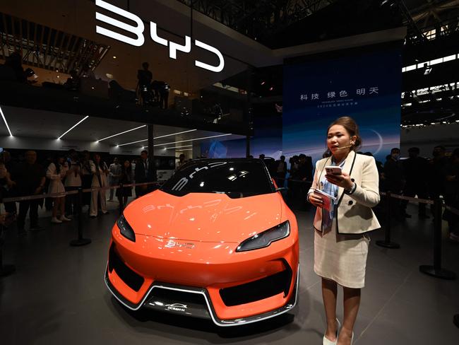 A BYD Ocean-M electric car is displayed at the Beijing Auto Show in Beijing in April. Picture: AFP