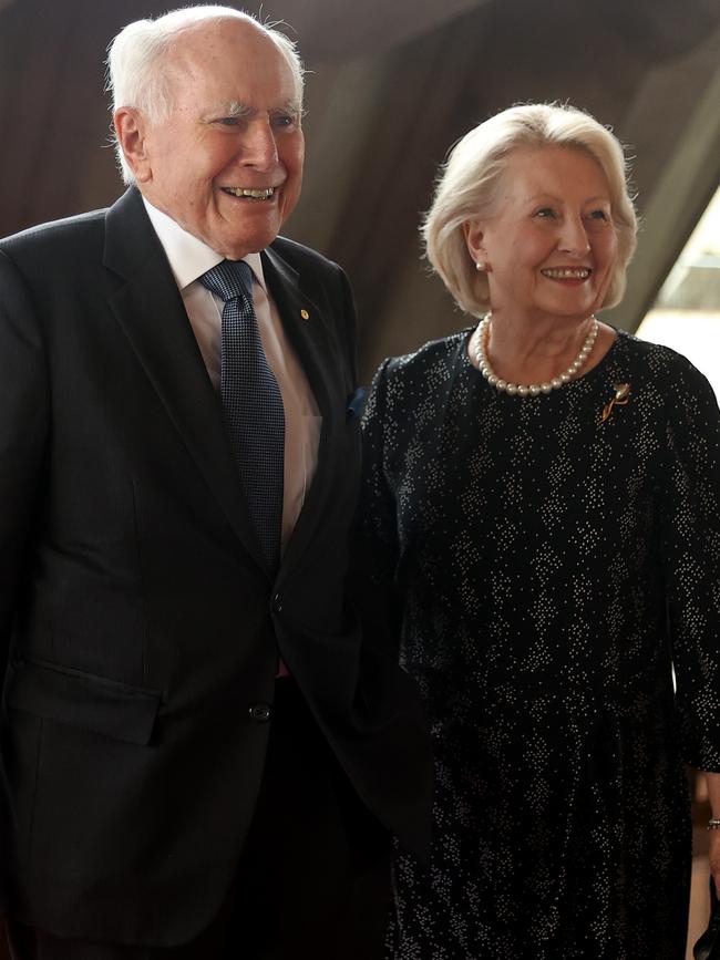 John Howard, former Prime Minister of Australia and his wife Janette Howard attend the State Memorial for Barry Humphries at the Sydney Opera House. Picture: Brendon Thorne/Getty Images