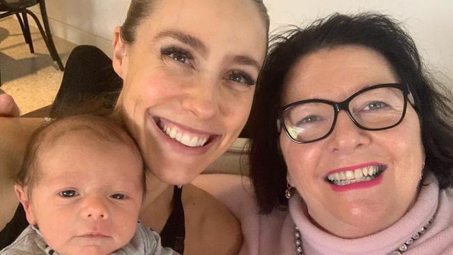 Midwife Cath Curtin with Brooke Cotchin and baby Parker. Source: Instagram