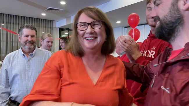 Parramatta Labor candidate Donna Davis enters Rosehill Bowling Club after winning the election.