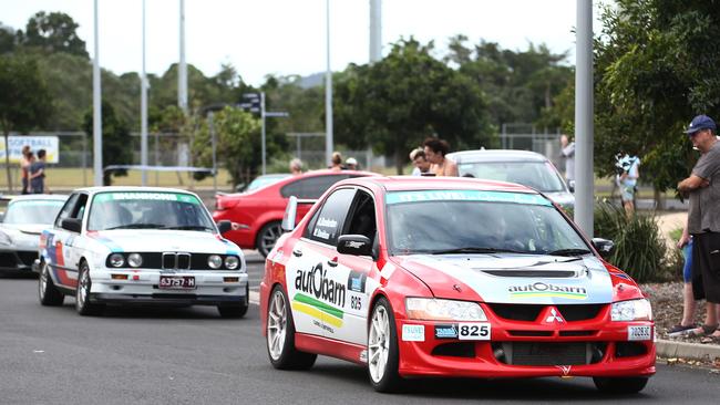 Cairns local Aaron Dunkerton and Matt Davidson lead a pack of cars onto the start of the Targa Cavalcade in 2020 at the Walker Road sports fields, Edmonton, in their Mitsubishi Lancer Evolution VIII. PICTURE: BRENDAN RADKE