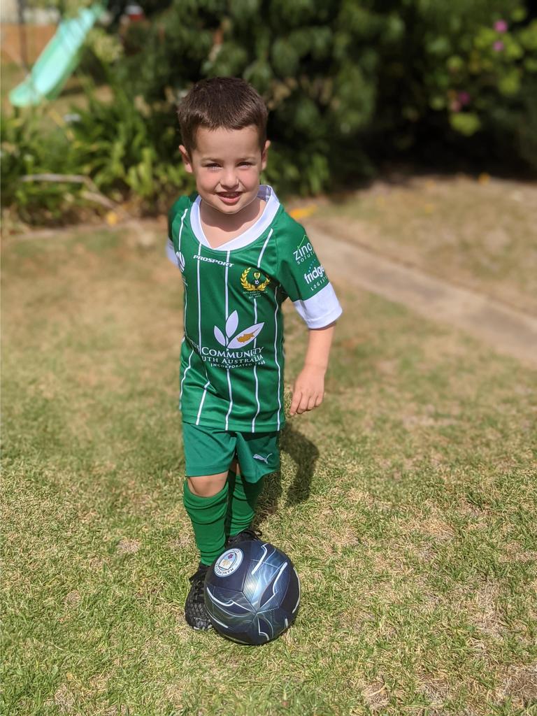 SA Little Legend Zach Paku, 5, Adelaide Cobras played his first soccer game and ‘tried his absolute best’. He was so wonderful at supporting his teammates on and off the field. Picture supplied.