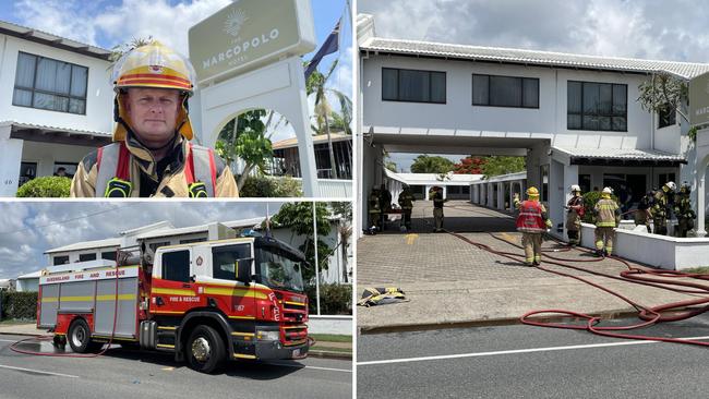 Emergency crews were called to a fire inside a unit at the Marco Polo Hotel on Nebo Rd, Bruce Highway, Mackay on Tuesday, December 5, 2023. Top left: Mackay Fire Station officer Mark Ashford. Picture: Heidi Petith