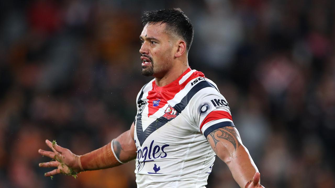 SYDNEY, AUSTRALIA - JULY 05: Zane Tetevano of the Roosters reacts after being placed on-report during the round 16 NRL match between the Wests Tigers and the Sydney Roosters at Bankwest Stadium on July 05, 2019 in Sydney, Australia. (Photo by Cameron Spencer/Getty Images)