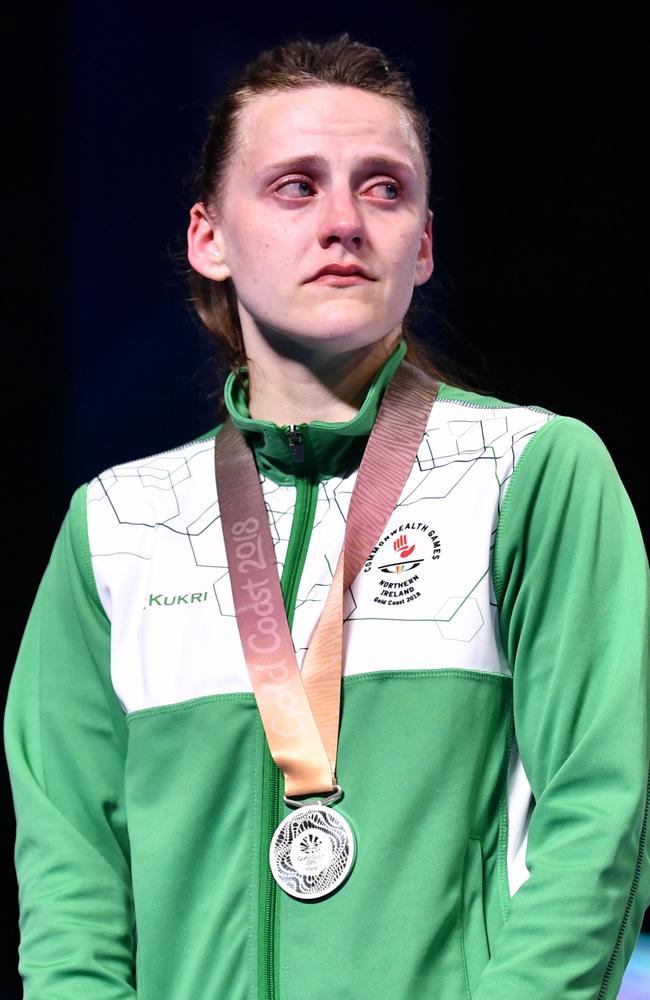 Walsh cries during the medal ceremony. Picture: Anthony Wallace