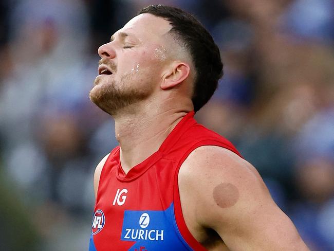 MELBOURNE, AUSTRALIA - JUNE 10: Steven May of the Demons looks on during the 2024 AFL Round 13 match between the Collingwood Magpies and the Melbourne Demons at The Melbourne Cricket Ground on June 10, 2024 in Melbourne, Australia. (Photo by Michael Willson/AFL Photos via Getty Images)