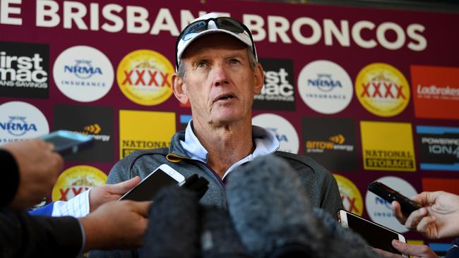 Brisbane Broncos coach Wayne Bennett addresses the media during a training session in Brisbane, Thursday, August 10, 2017. The Broncos will clash with the Cronulla-Sutherland Sharks at Suncorp Stadium on Friday night. (AAP Image/Samantha Manchee) NO ARCHIVING