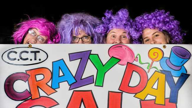 Leah Stevenson of Lasting Impressions, Carmell Sanne of The Hope Chest, Noel Smith from Low Pressure Surf and Maddy Hartmann from 2 B Nourished get ready for Crazy Day. Picture: Adam Hourigan