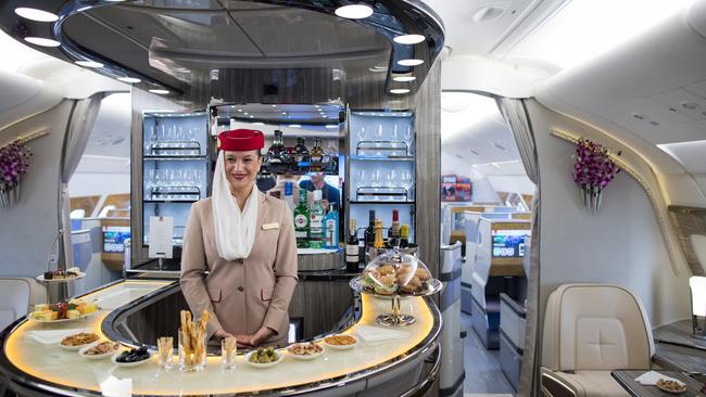 The business class bar on the top deck of an Emirates A380. Picture: Jasper Juinen/Bloomberg