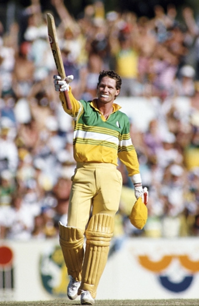 A sun safe Dean Jones salutes after scoring another ODI century. Picture: Adrian Murrell/Allsport/Getty Images/Hulton Archive