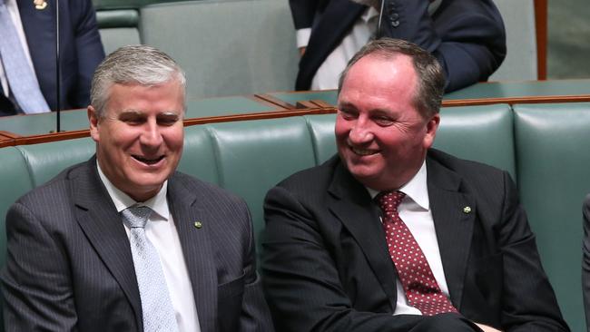 Nationals leader Michael McCormack and Barnaby Joyce in the House of Representatives Chamber at Parliament House.