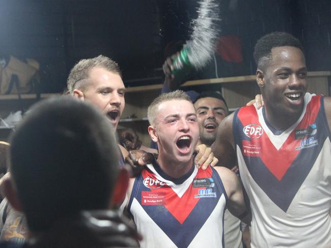 St Albans players celebrate their first win in the EDFL. Photo: Facebook.