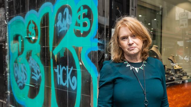 CBD Little Collins street trader Marlene Crowther has had her shop targeted by graffiti vandals. Picture: Jason Edwards