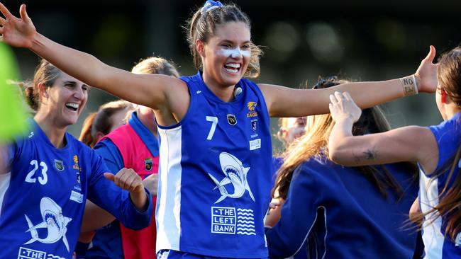 PERTH, AUSTRALIA - JULY 15: Georgie Cleaver of the Sharks celebrates winning the Grand Final during the WAFLW Grand Final match between Claremont and East Fremantle at Mineral Resources Park on July 15, 2023 in Perth, Australia. (Photo by James Worsfold/Getty Images)