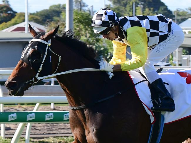 Brad Stewart rides Ballistic Boy to victory in the Rough Habit Plate at Eagle Farm. Picture: Trackside Photography