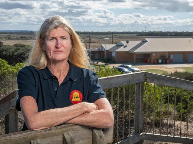01-05-2025 Club president Lisa Happ in front of Bancoora Surf Life Saving Club who is pleading for a Corangamite candidate to pledge $500,000 so they can build a new clubhouse. Picture: Brad Fleet