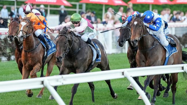 Mornington Glory ridden by Ethan Brown wins the Paramount Liquor Carlyon Stakes at Moonee Valley Racecourse on August 24, 2024 in Moonee Ponds, Australia. (Photo by George Salpigtidis/Racing Photos via Getty Images)