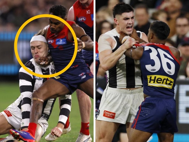 Kysaiah Pickett's contact with Darcy Moore. Photos: Getty Images/News Corp