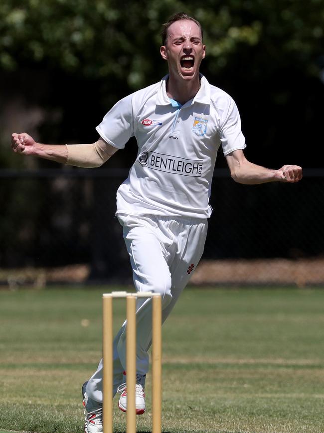 Nick Huttley celebrates a wicket for West Bentleigh.