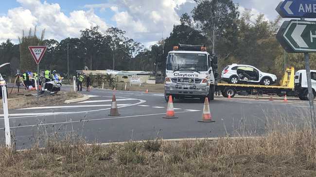 The police forensic crash unit investigating the scene of a two-car crash at the intersection of the Bruce Hwy and Thomas St in Howard about 12.15pm.