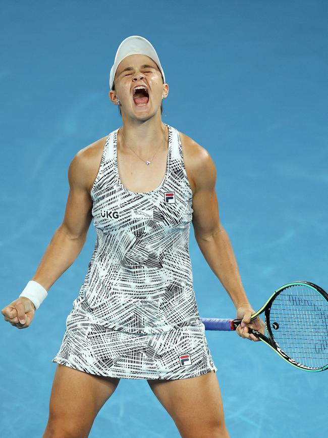 The moment Ash Barty defeated Danielle Collins on Rod Laver Arena on Saturday night. Picture: Mark Stewart