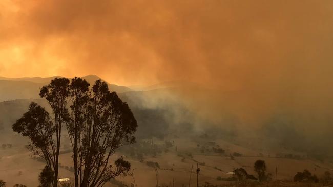 Black Summer bushfires looking over Naas Valley at the escalating Orroral Valley fire at Mount Tennent, NSW, Jan 31 2019. Picture: Kate Hudson